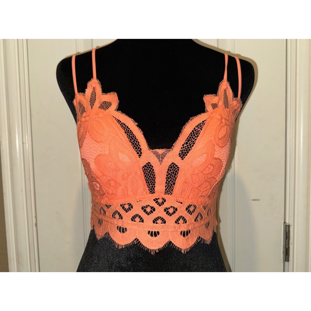 Zenana Floral‎ Lace Bralette Coral Orange Longline Crop Top Women's Medium